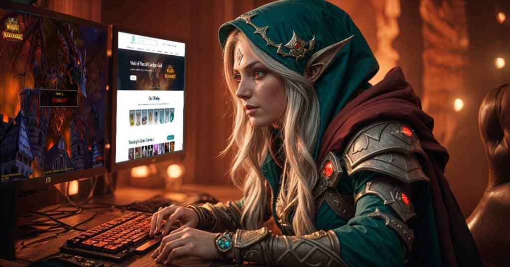 An elf character deeply engaged in World of Warcraft: Cataclysm Classic on dual monitors, with one screen showing the sub.gamer-choice.com website