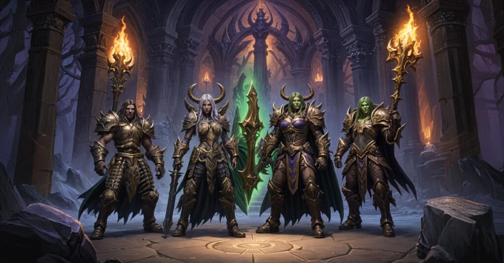 A group of characters in WoW Cataclysm Classic celebrating after completing a high-level dungeon.