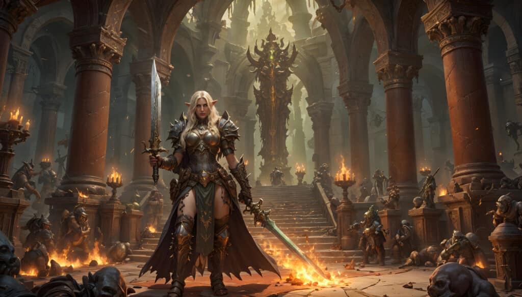  A WoW player celebrating a successful raid completion, with epic loot and rare achievements visible. The atmosphere is vibrant and triumphant, showcasing the rewards of boosting services.