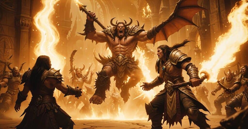  WoW characters in a heated battle within a Mythic+ dungeon, casting spells and coordinating attacks.