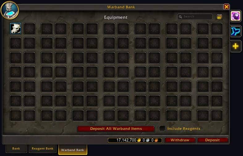 Screenshot of the Warband bank in World of Warcraft's 'The War Within' expansion, showing a bank filled with gold and items.