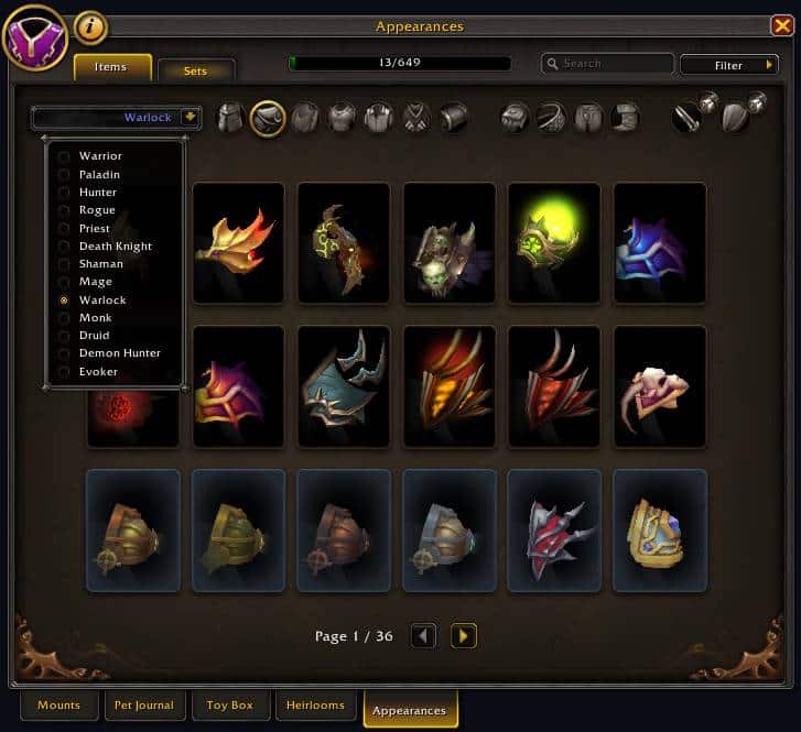 Screenshot of the Transmogrification overview in World of Warcraft's 'The War Within' expansion, showing the new interface for managing Transmog items.