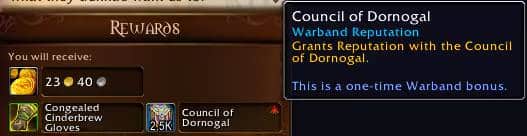 Screenshot of the reputation sharing system in World of Warcraft's 'The War Within' expansion, highlighting shared progress across characters.