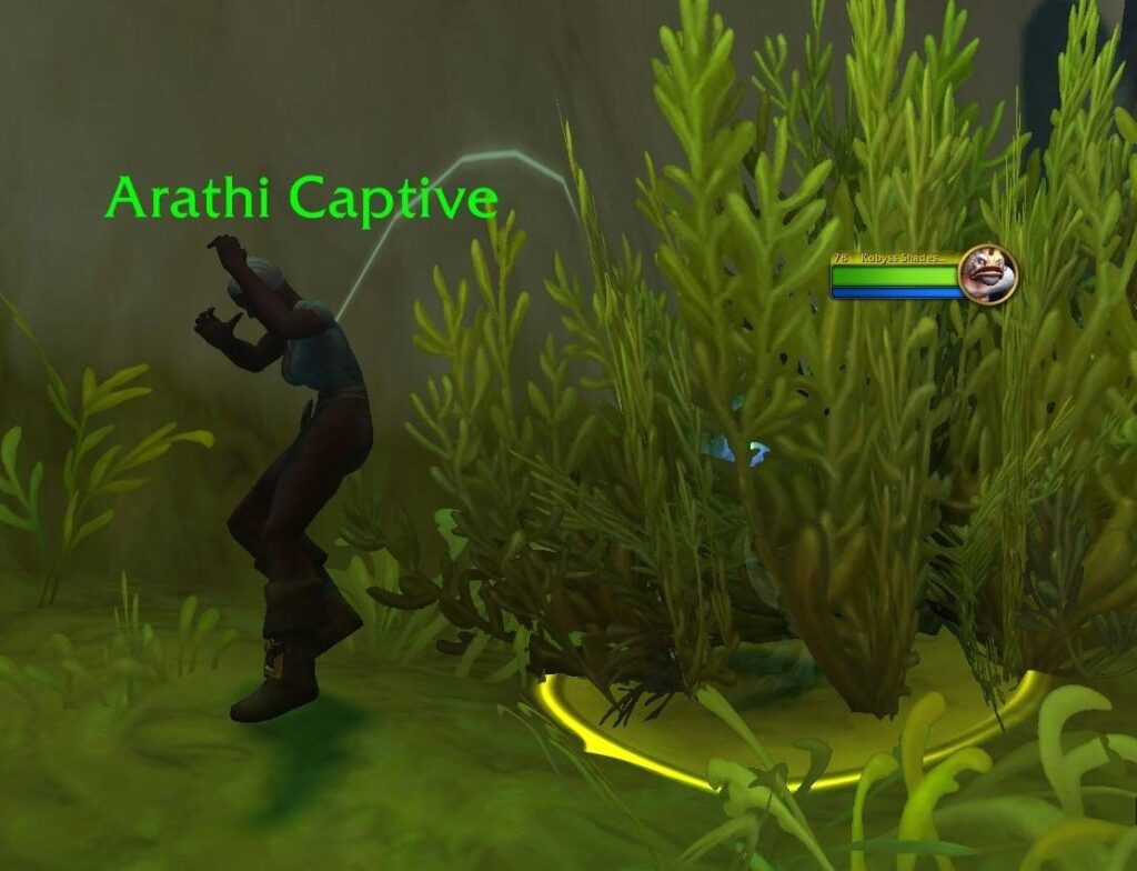 A sinister Kobyss, resembling an anglerfish humanoid, hiding in a shadowy bush with glowing bioluminescent dots and sharp teeth. Purchase Armor to protect yourself with WOW Gold from sub.gamer-choice.com!