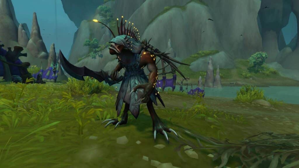 A Kobyss, resembling an anglerfish humanoid, sitting hungrily in front of a juicy steak with a bib, fork, and knife in a murky, swamp-like environment. sharpen your sword with WoW Gold from Gamer-Choice.com!