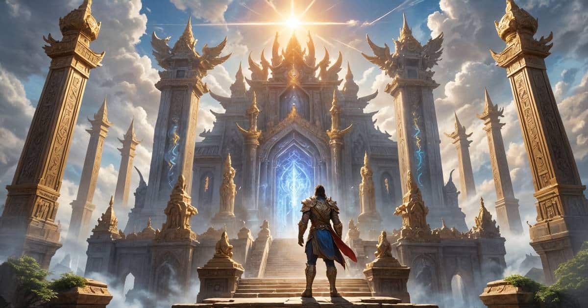 Hero standing in front of a grand temple in Lost Ark, featuring Gamer-Choice.com watermark