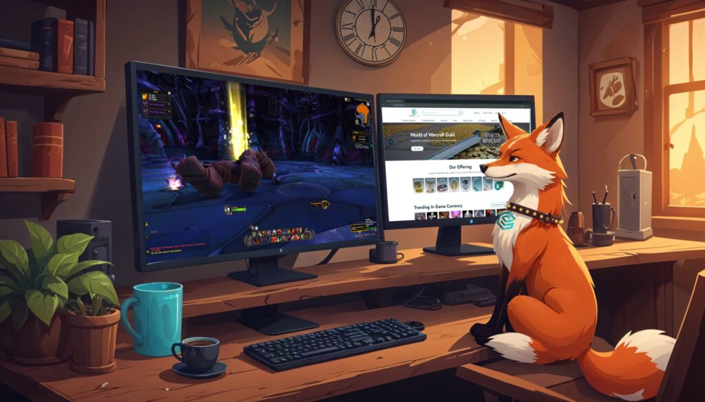A fox character relaxing while watching two computer screens, one showing WoW gameplay and the other displaying the sub.gamer-choice.com website.