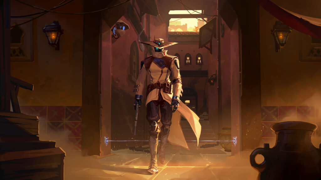 Valorant character Cypher walking through an alley, symbolizing stealth and strategy, promoting rank boosting services from Gamer-Choice.com.