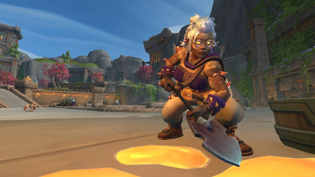 World of Warcraft warrior leading a Mythic+ run in City of Threads dungeon.