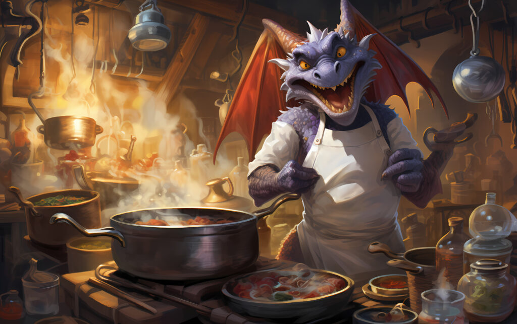 A playful cartoon dragon chef cooking in a lively kitchen, symbolizing the fun and excitement of the gaming world, including the advantages of purchasing a high-level Pokémon Go account.
