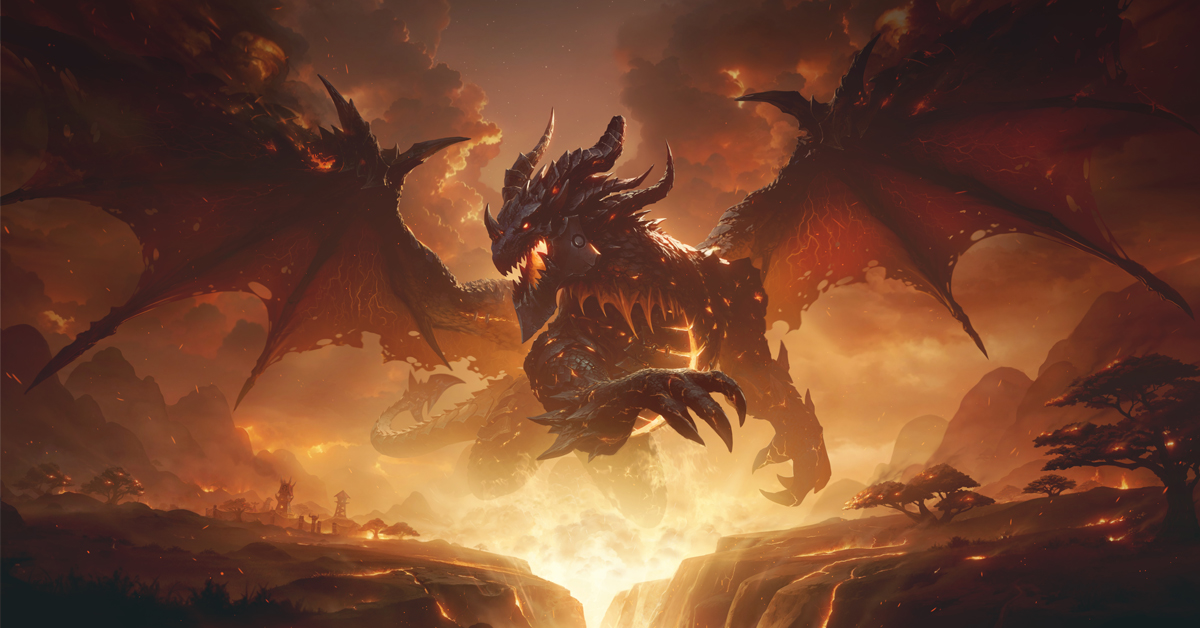A colossal dragon surrounded by fire and lava looms over a devastated landscape, symbolizing the Cataclysm event in World of Warcraft Classic.
