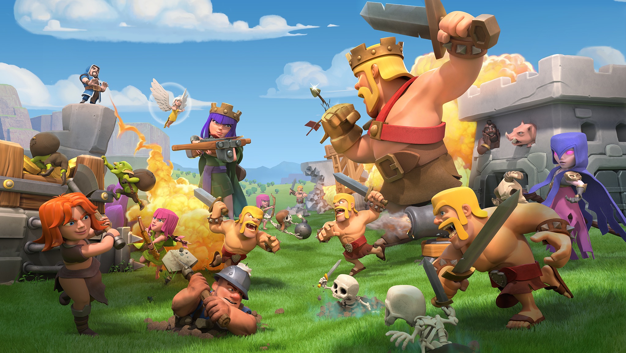 A vibrant scene from the popular mobile game Clash of Clans, featuring an intense battle between various characters. In the foreground, Barbarians are engaged in fierce combat, with one wielding a sword and another preparing to throw a large boulder. Behind them, the Archer Queen takes aim with her crossbow, while the Barbarian King stands tall, ready to strike. Other characters, including a Wizard, Valkyrie, and Witch, are also participating in the clash. The background shows a castle under siege with explosions, indicating the high-stakes nature of the battle. The overall atmosphere is dynamic and action-packed, capturing the essence of the game.