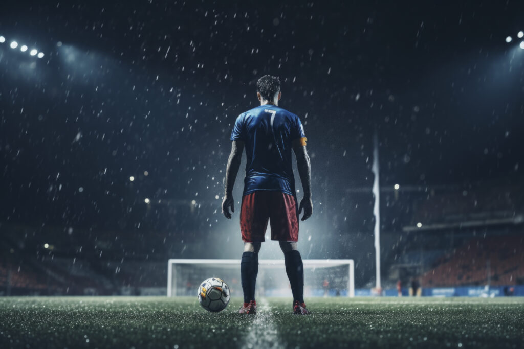 A soccer player stands poised in the rain, preparing for a decisive play in front of the goal. Boost your FIFA Coins EA FC 24 experience and build the Ultimate Team™ with great deals from Gamer-Choice.com.
