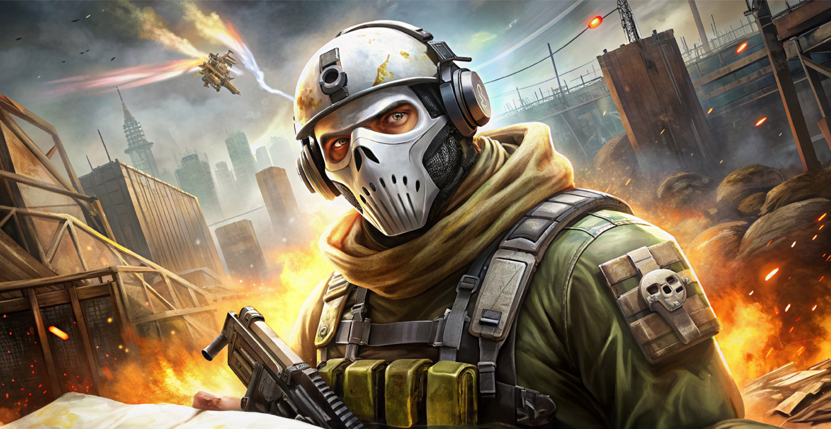 Soldier wearing a skull mask standing in a war-torn city with explosions in the background, representing intense CS2 combat.
