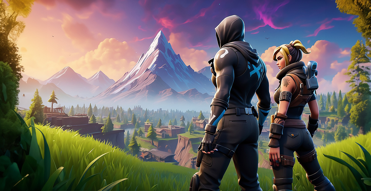 Fortnite characters overlooking a mountainous landscape during sunset, symbolizing the epic adventure in Fortnite gameplay.