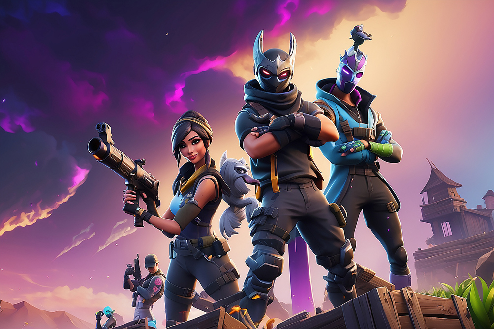 Fortnite characters posing with weapons and gear, showcasing top Fortnite accounts for sale at Gamer-Choice.com, where players can find rare skins and enhance their gameplay.