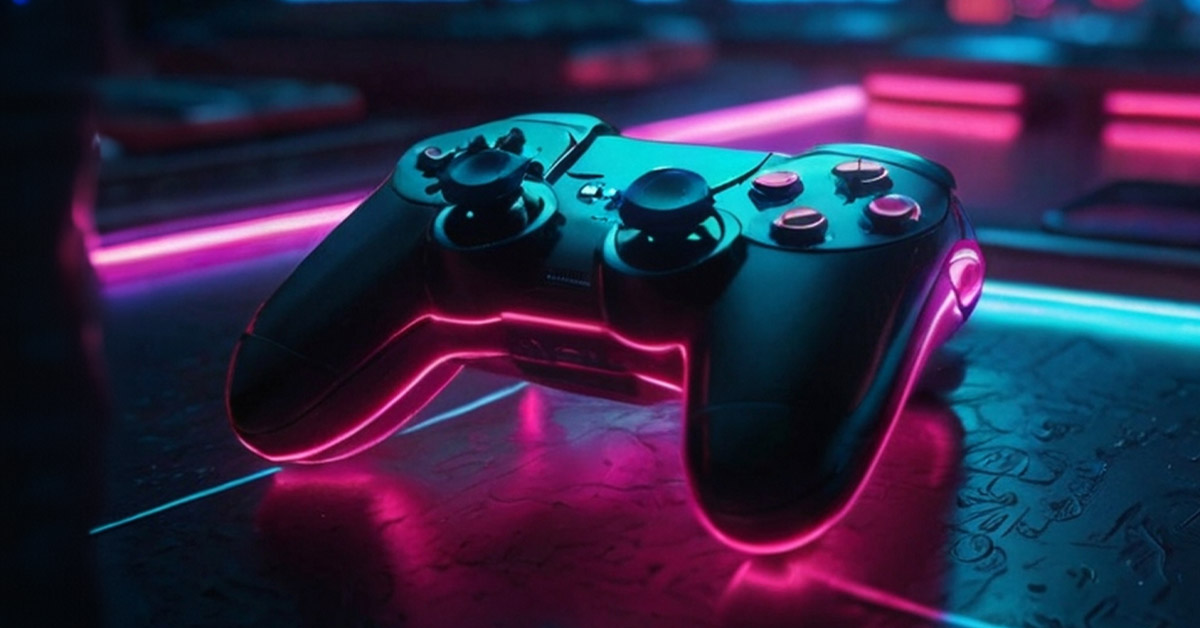 Neon-lit black gaming controller on a glowing surface, symbolizing the dynamic and immersive world of gaming.