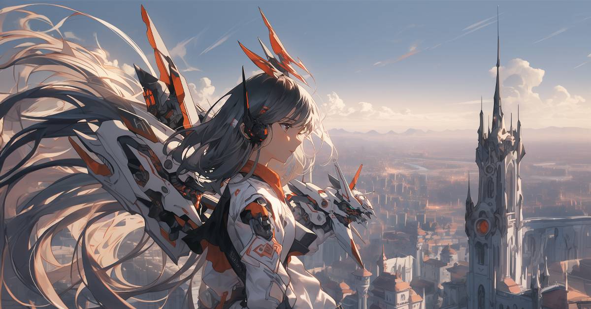 Futuristic anime character overlooking a city, symbolizing readiness and strength for new adventures