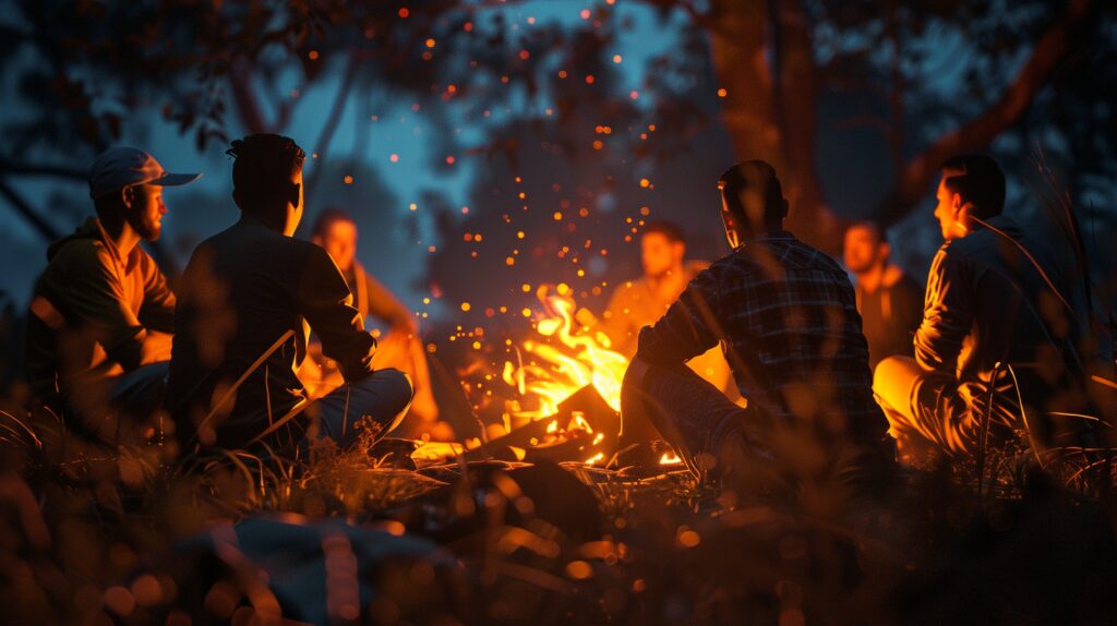 Friends around a campfire, representing the teamwork and strategy in Rust, enhanced with premium Rust accounts for sale.