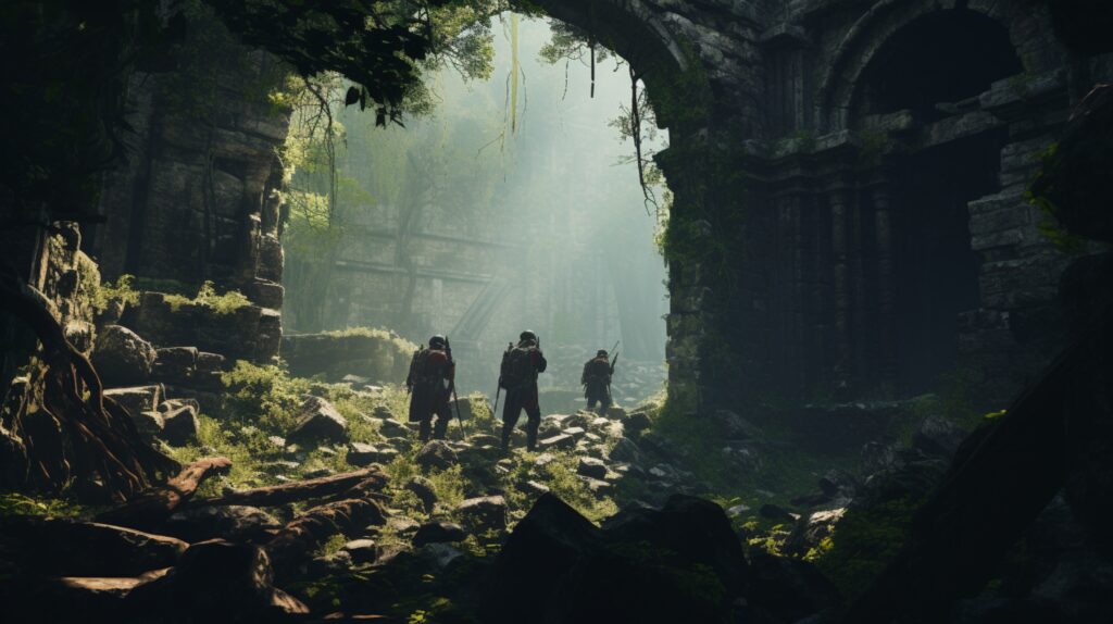 Explorers in ancient ruins, symbolizing the adventures awaiting with premium Rust accounts for sale.