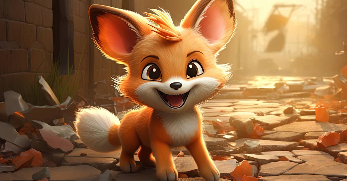 Cheerful orange fox-like creature with large ears and a fluffy tail, set against a cobblestone path, representing the excitement of owning a high-level Pokémon Go account for sale.