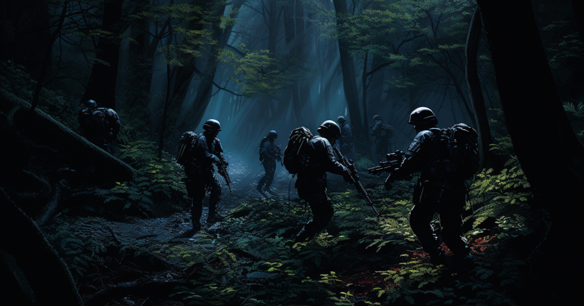 Soldiers moving through a dense forest, representing the high-stakes environment found in Rust, enhanced by premium Rust accounts for sale.
