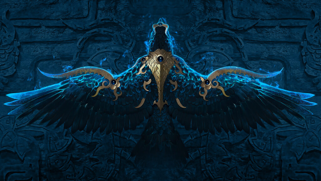 Diablo 4 items: Spiritborn Eagle with glowing blue wings and gold accents, symbolizing the mystical powers found in the game’s legendary gear.