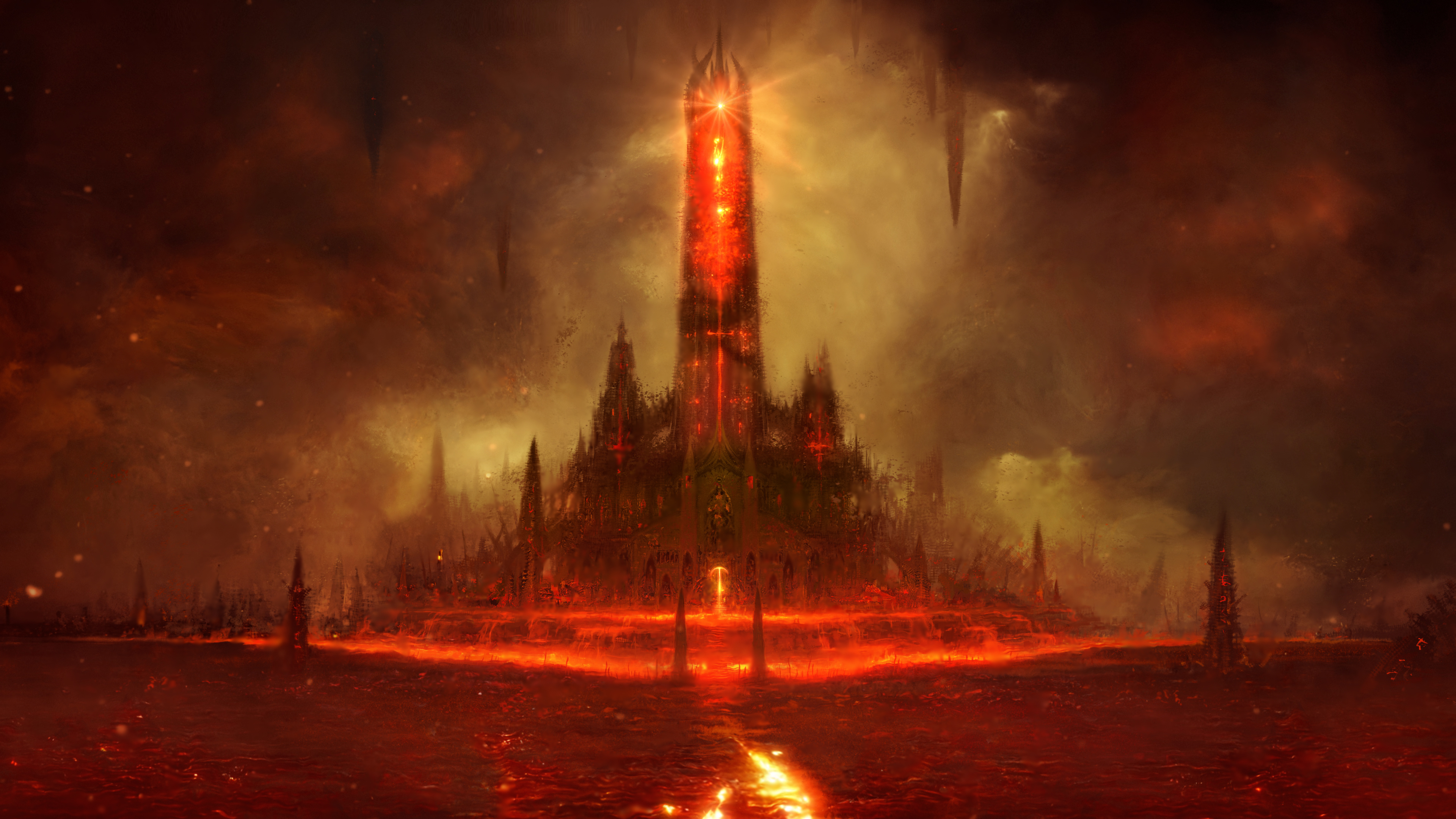 Diablo 4 items: The Cathedral of Hatred with its towering, fiery spire, representing one of the game's most iconic demonic structures.