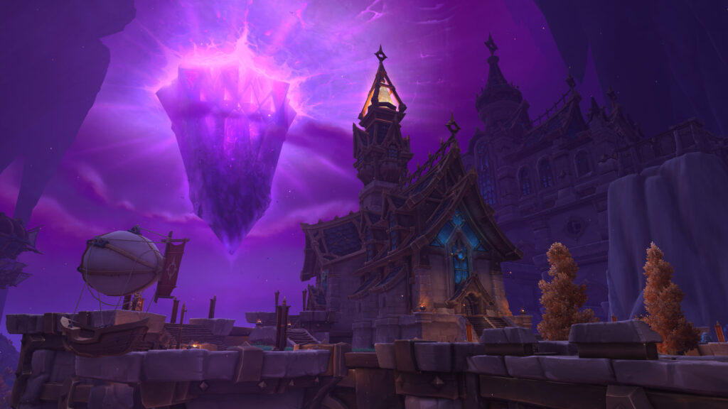 A mystical World of Warcraft landscape featuring a floating crystal and gothic structures, perfect for players looking to buy WoW gold for gear and resources.