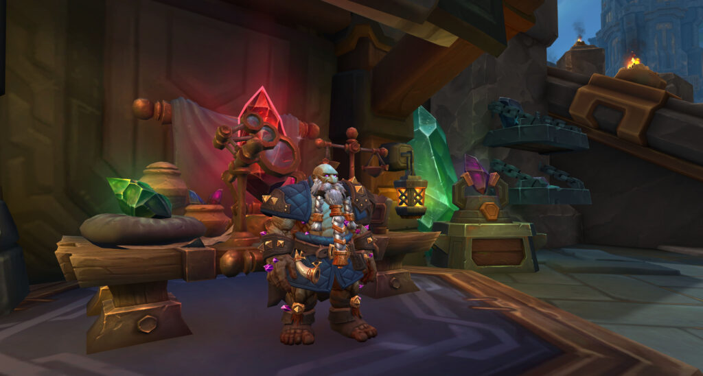 World of Warcraft dwarf character standing in a gem-crafting workshop, symbolizing the importance of gold and resources in the game. Perfect for those planning to buy WoW gold.
