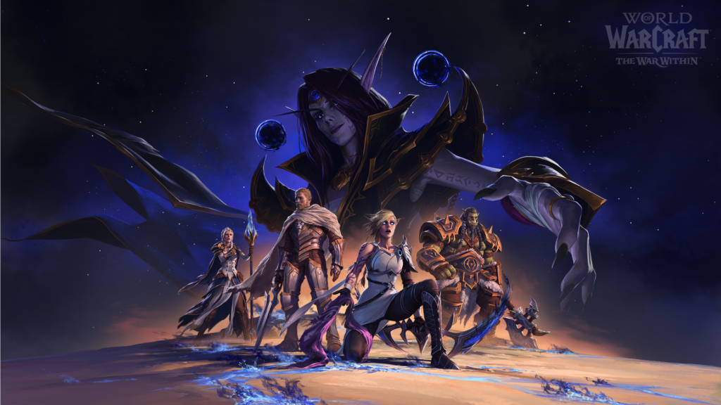 World of Warcraft: The War Within characters preparing for battle with a dark figure looming in the background. Perfect for players looking to buy WoW gold for the best in-game advantage.