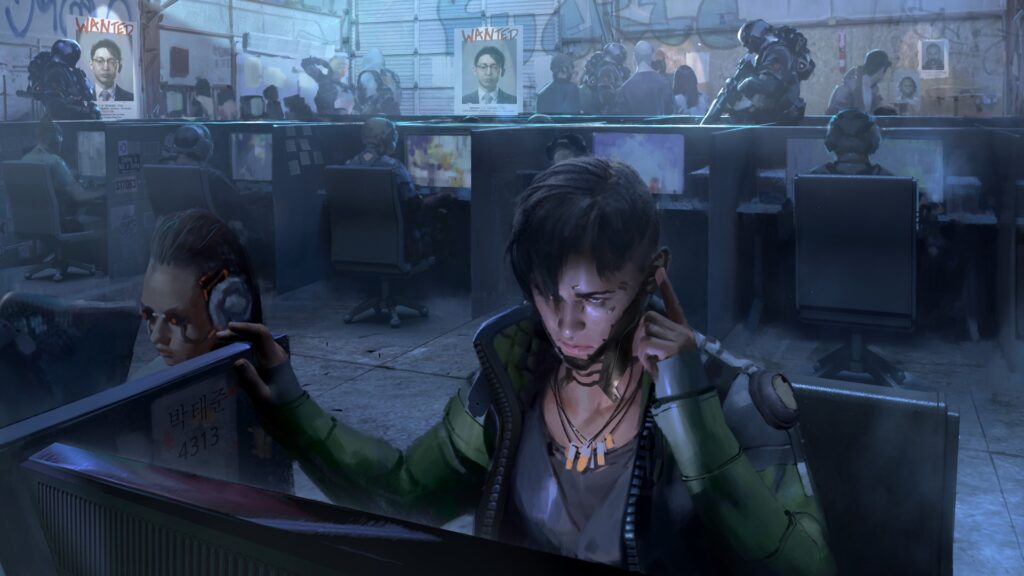 Crypto from Apex Legends working at a computer station surrounded by screens in a cyberpunk setting.

