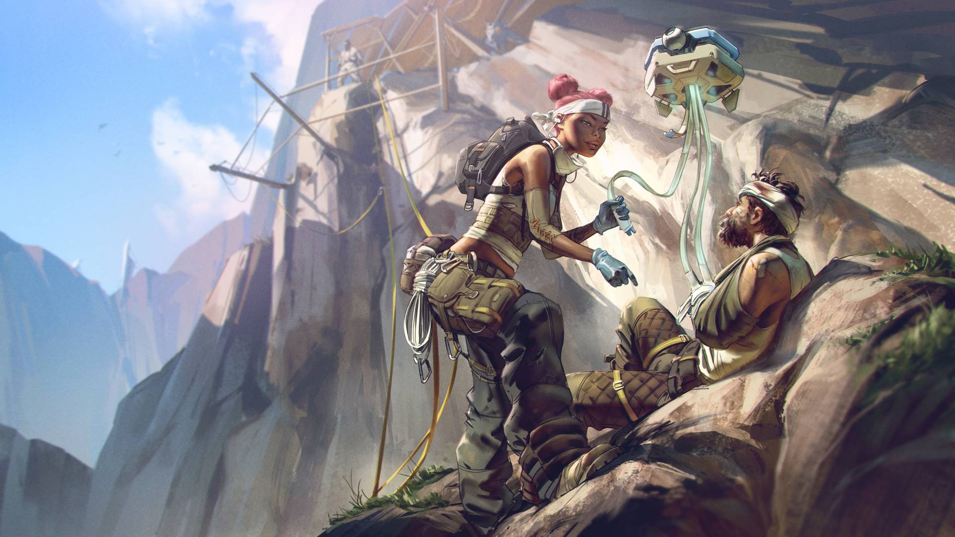 Lifeline from Apex Legends using her healing drone to revive a teammate on a rocky cliff.