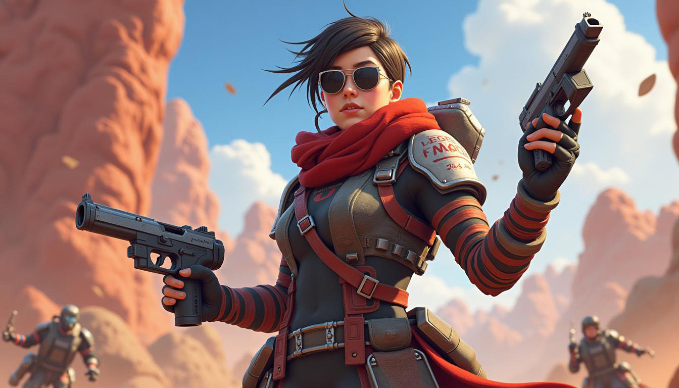 A confident character wielding dual pistols in a desert landscape, leading a team in Apex Legends. Focus on Apex Legends boosting services.