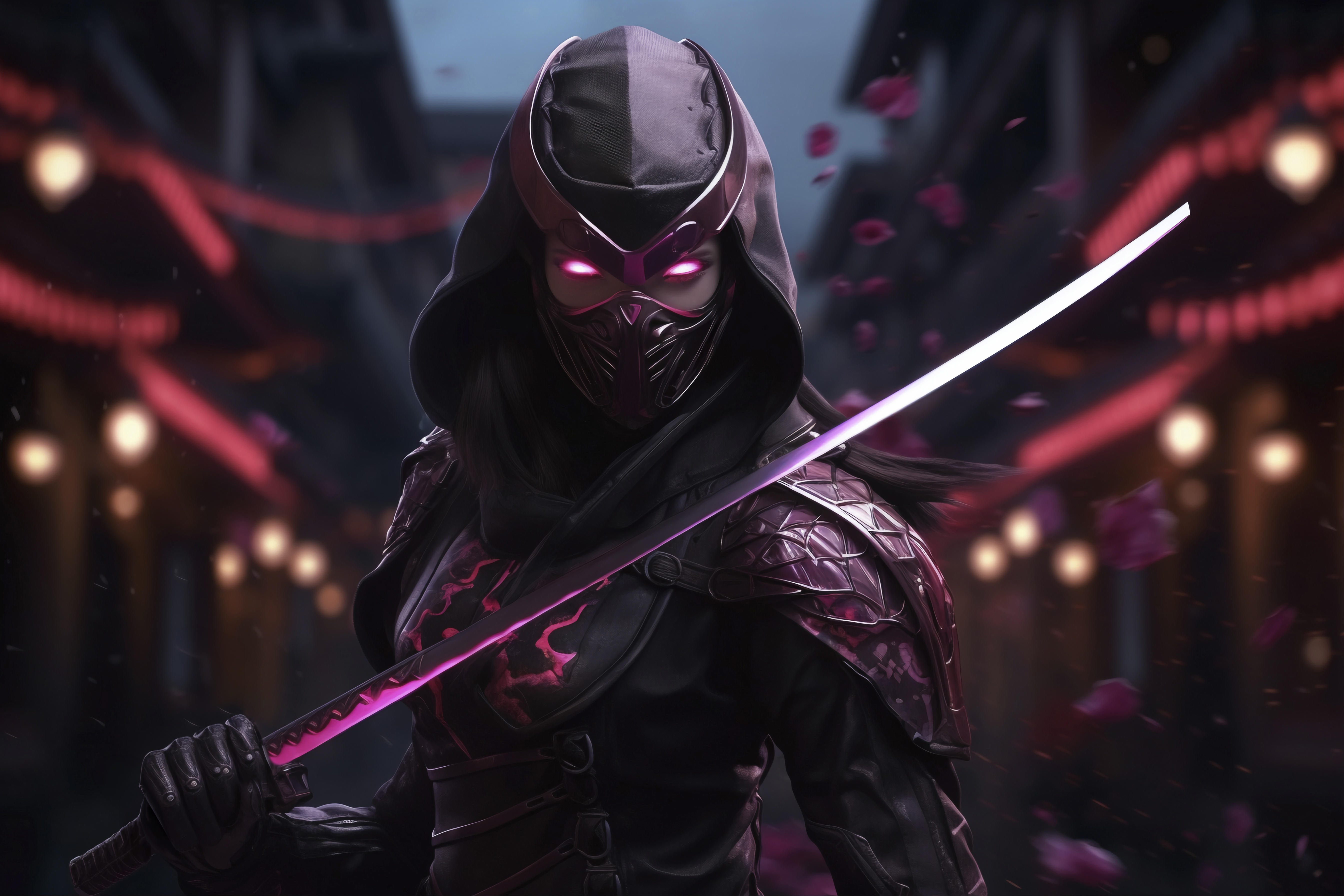 A futuristic ninja wielding a glowing sword in a dimly lit, neon environment.