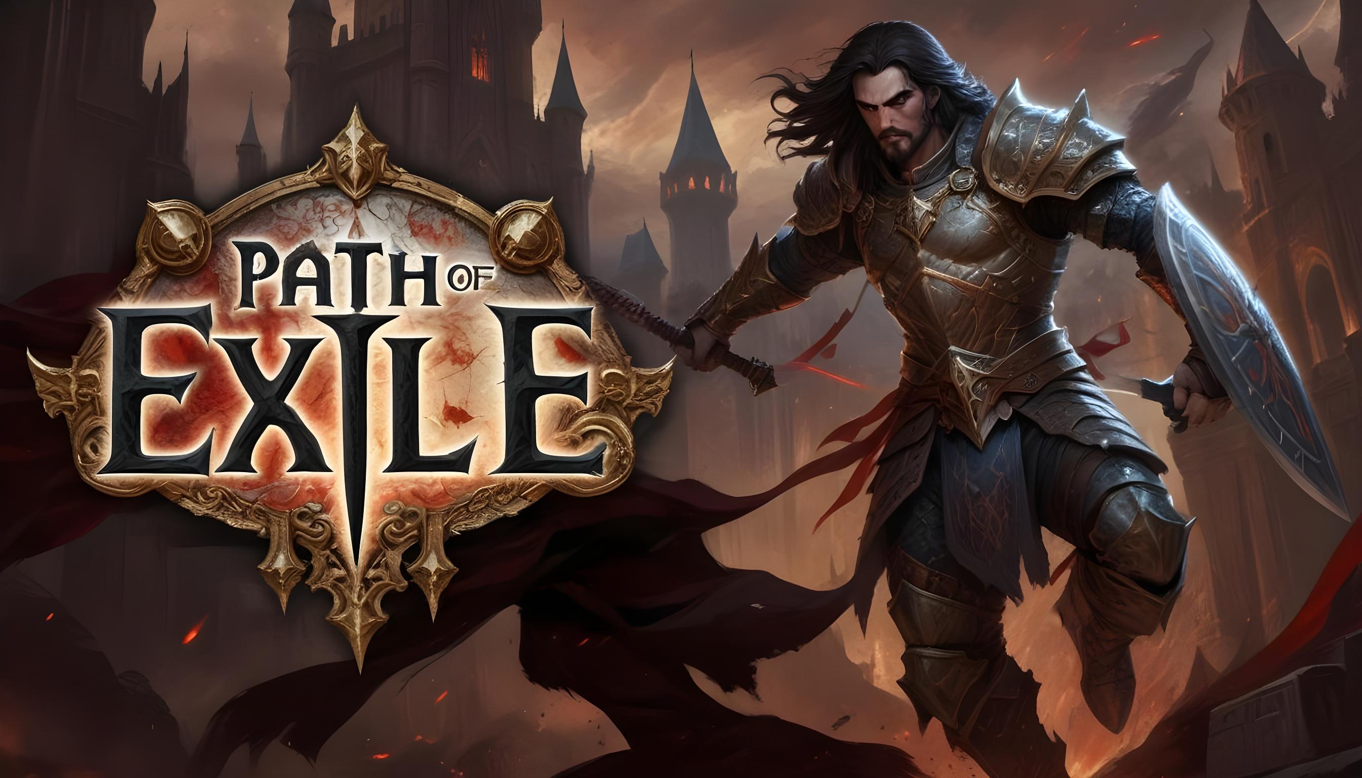 Path of Exile currency - Warrior character with long hair in armor holding a sword and shield in a medieval castle setting.
