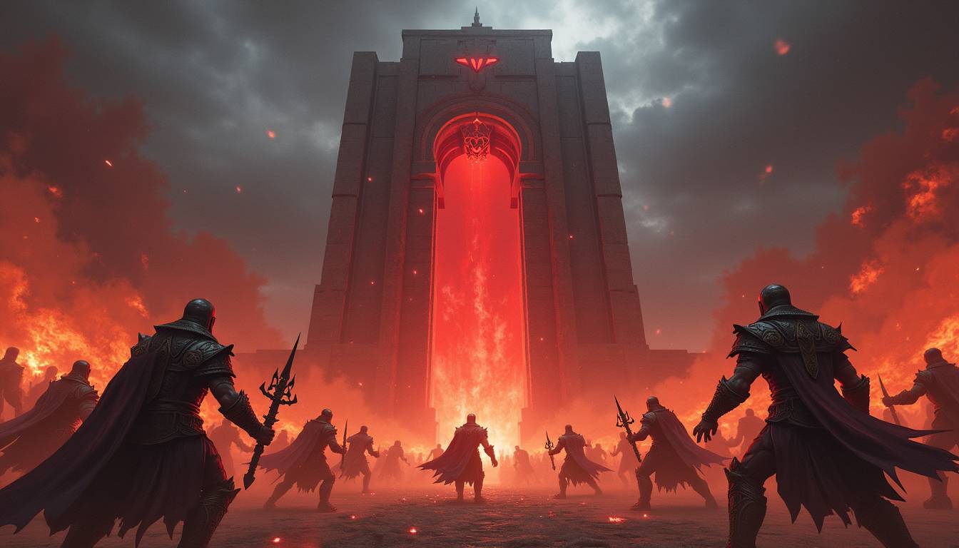 Lost Ark gold raid - Warriors facing a massive fiery gate in a tense moment before battle in Lost Ark.