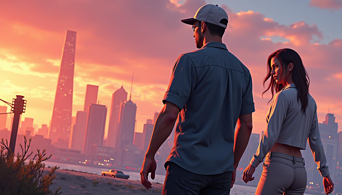 A man and woman look out toward a glowing city skyline during sunset in GTA 5 Online, highlighting the game's rich environment and urban setting.