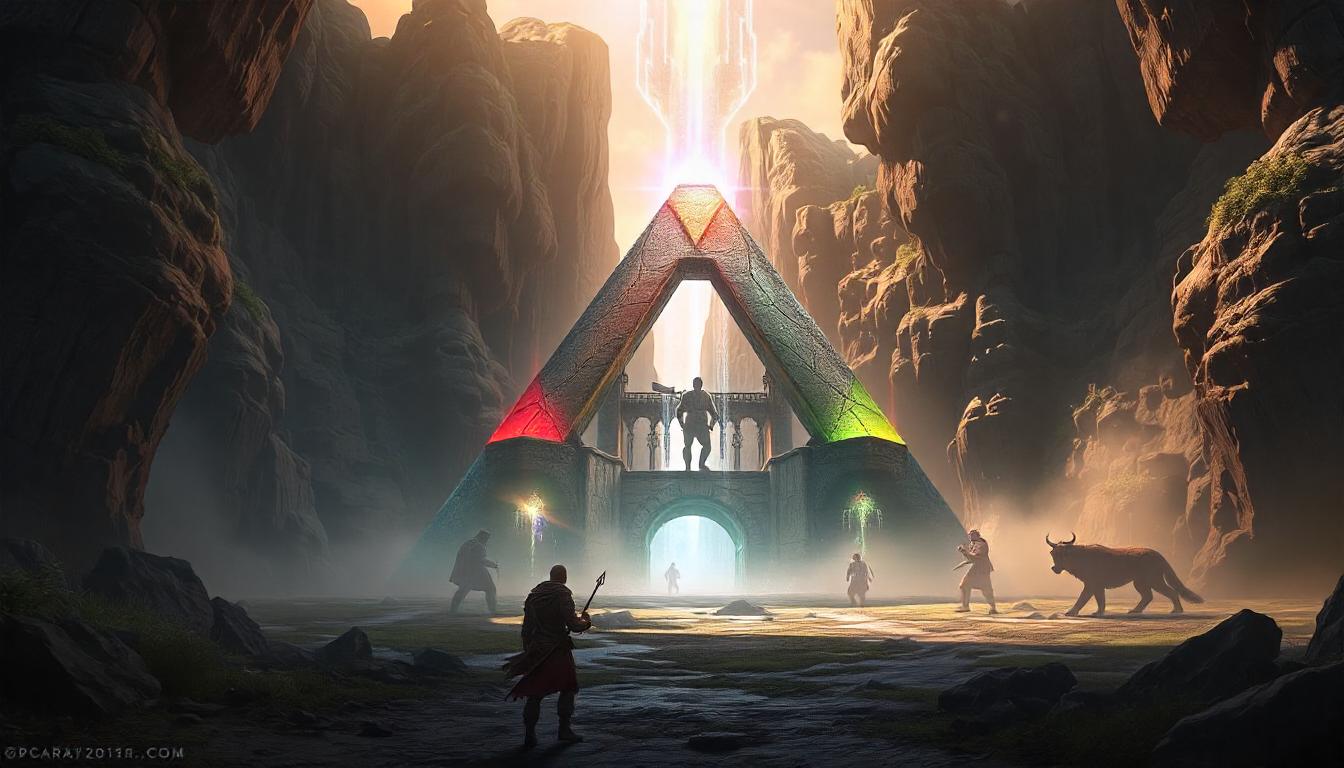 Lost Ark adventurers approaching an ancient, glowing pyramid in a misty canyon. Buy Lost Ark gold to enhance your in-game progression and unlock epic adventures.