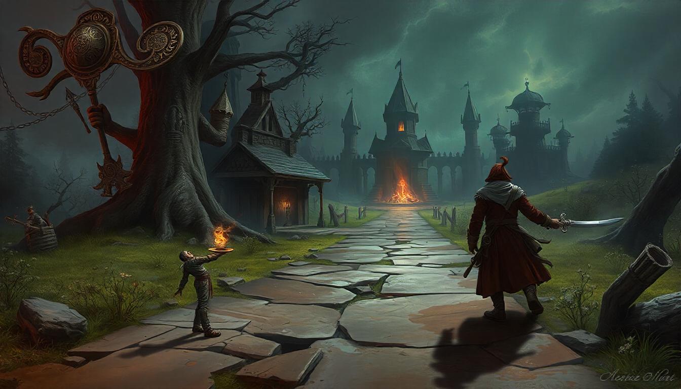 Path of Exile items: Haunted village with glowing fire pits and a distant castle representing the dark fantasy themes of the game.
