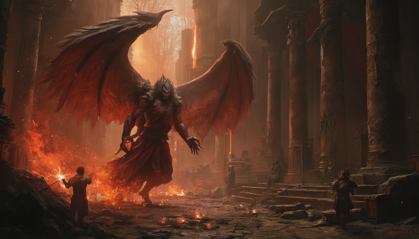 Path of Exile winged demon fight scene, featuring a powerful character facing off against a boss in a temple.