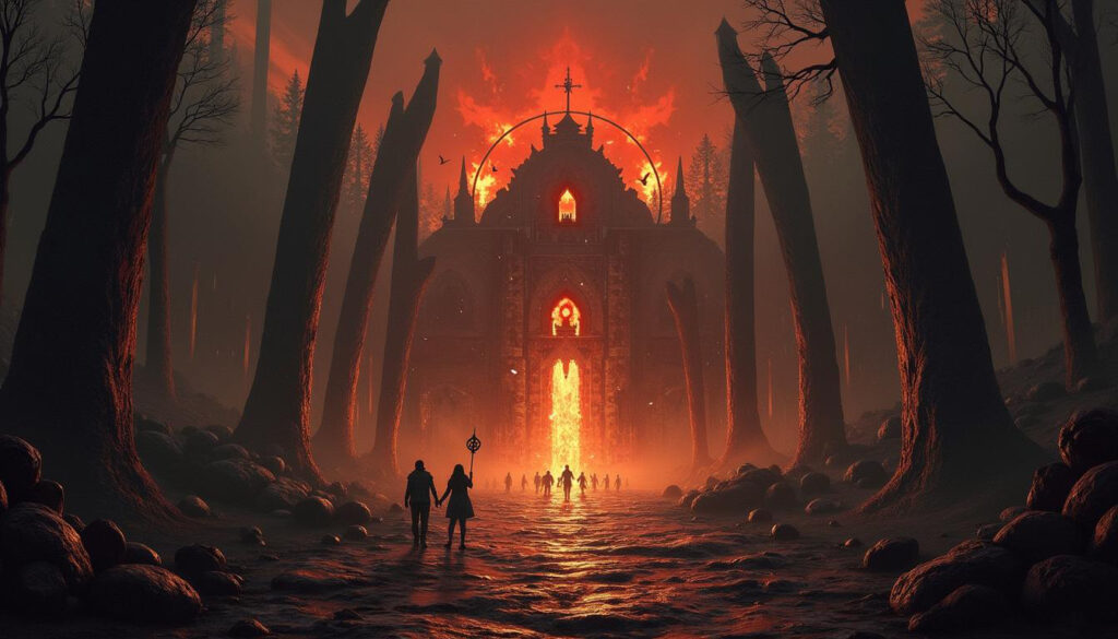 Path of Exile currency guide - Adventurers walking toward a flaming cathedral through a dark, enchanted forest in Path of Exile.