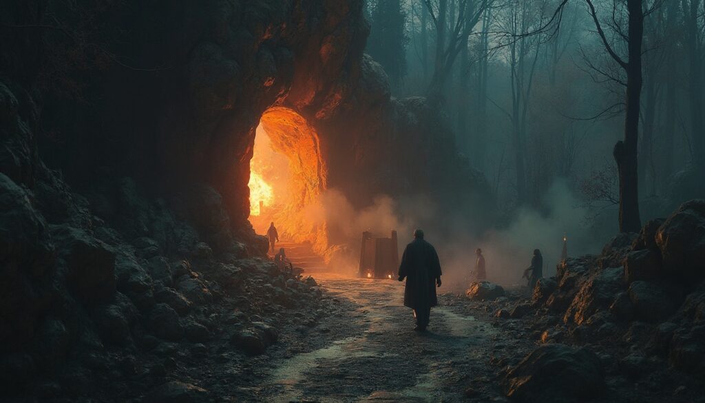 Path of Exile underground temple with cloaked figures approaching a glowing structure, symbolizing the mystery and challenge of PoE.