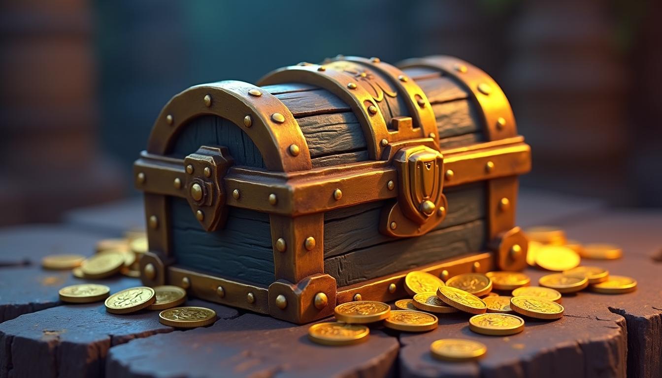 An ancient chest brimming with WoW gold coins, evoking the excitement of finding in-game riches.