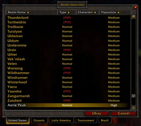 World of Warcraft realm list