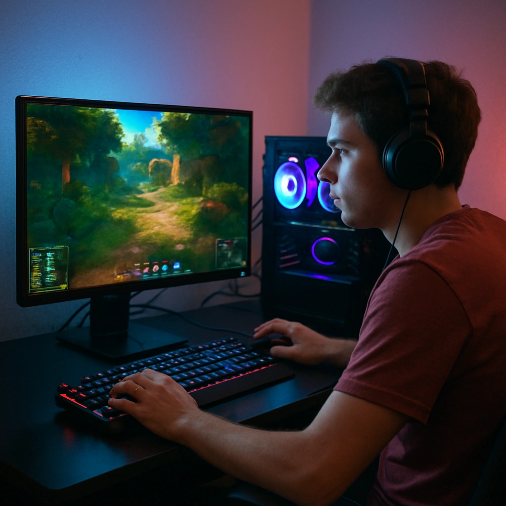 A gamer playing on a high-performance PC